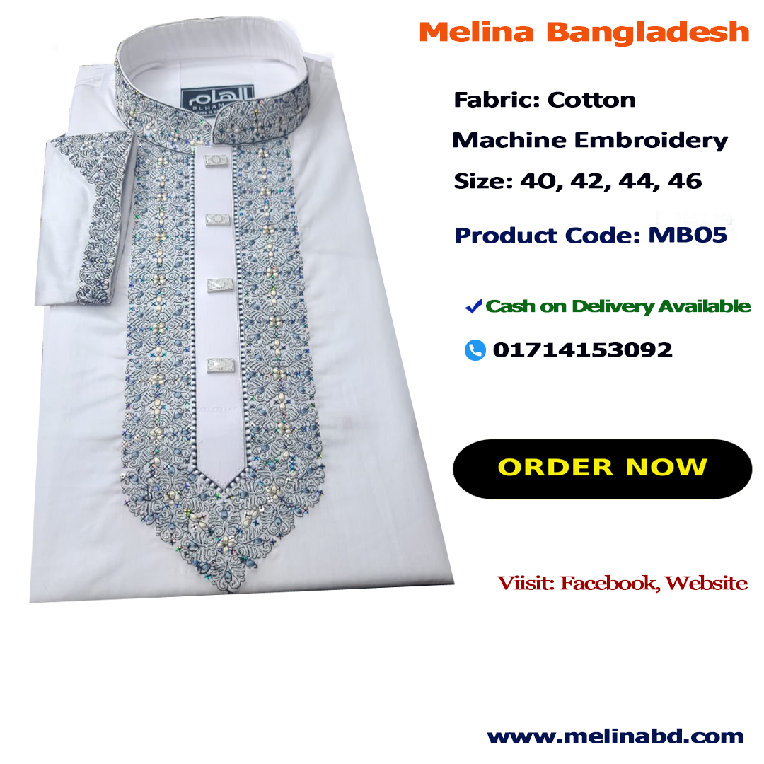 Melina Bangladesh Premium Embroidered Luxury Cotton Panjabi adorned with intricate embroidery and a pattern of elegant color and size designs.