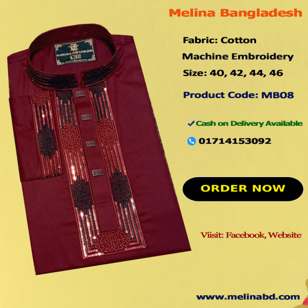 Melina Bangladesh Premium Embroidered Luxury Cotton Panjabi adorned with intricate embroidery and a pattern of elegant color and size designs.