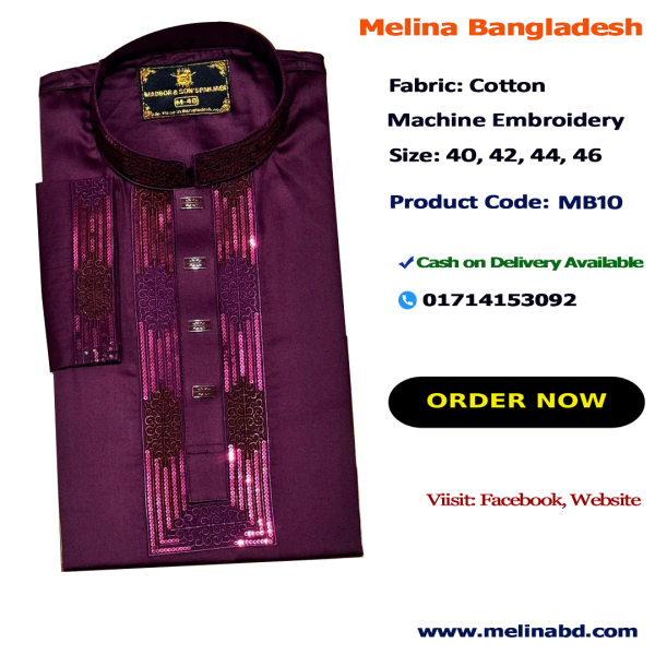 Melina Bangladesh Premium Embroidered Luxury Cotton Panjabi adorned with intricate embroidery and a pattern of elegant color and size designs.
