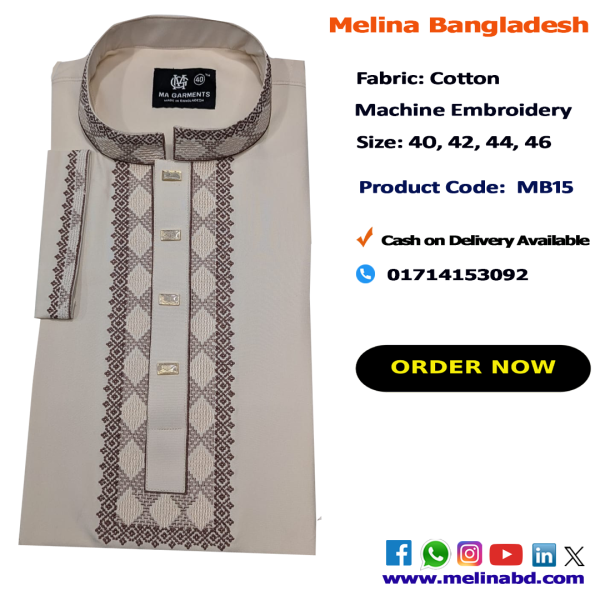 Melina Bangladesh Premium Embroidered Luxury Cotton Panjabi adorned with intricate embroidery and a pattern of elegant color and size designs.