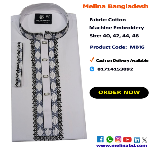 Melina Bangladesh Premium Embroidered Luxury Cotton Panjabi adorned with intricate embroidery and a pattern of elegant color and size designs.