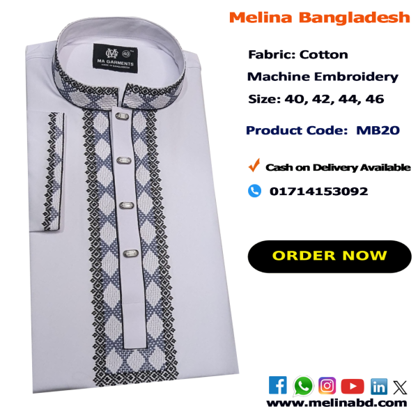 Melina Bangladesh Premium Embroidered Luxury Cotton Panjabi adorned with intricate embroidery and a pattern of elegant color and size designs.