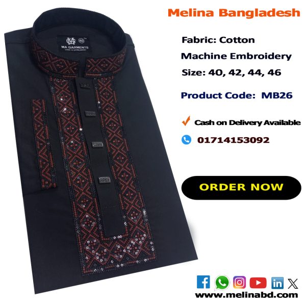 Melina Bangladesh Premium Embroidered Luxury Cotton Panjabi adorned with intricate embroidery and a pattern of elegant color and size designs.