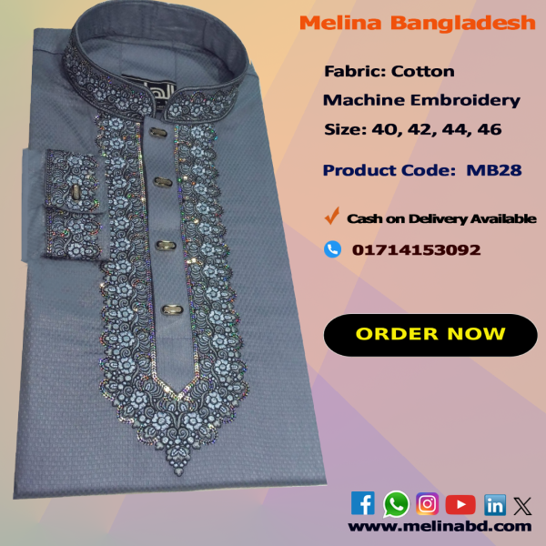 Melina Bangladesh Premium Embroidered Luxury Cotton Panjabi adorned with intricate embroidery and a pattern of elegant color and size designs.