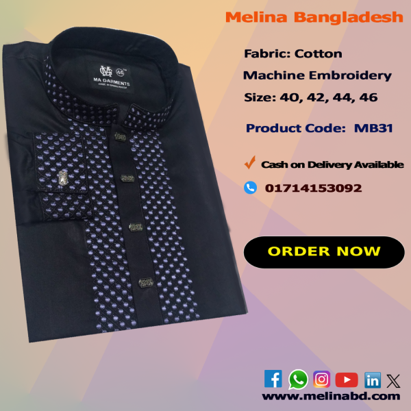 Melina Bangladesh Premium Embroidered Luxury Cotton Panjabi adorned with intricate embroidery and a pattern of elegant color and size designs.