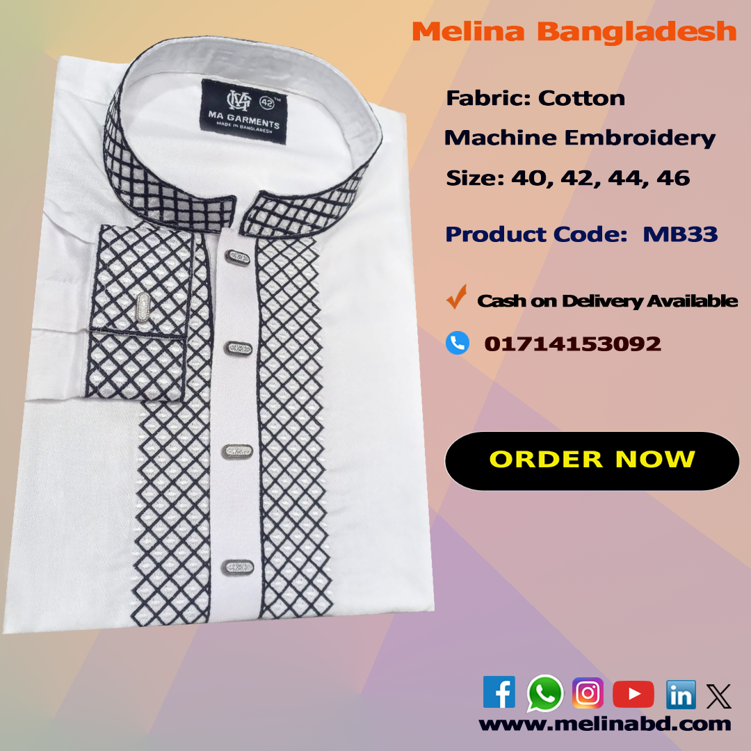 Melina Bangladesh Premium Embroidered Luxury Cotton Panjabi adorned with intricate embroidery and a pattern of elegant color and size designs.