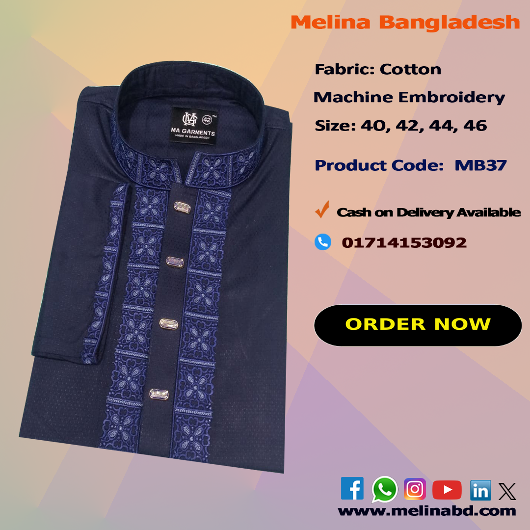 Melina Bangladesh Premium Embroidered Luxury Cotton Panjabi adorned with intricate embroidery and a pattern of elegant color and size designs.