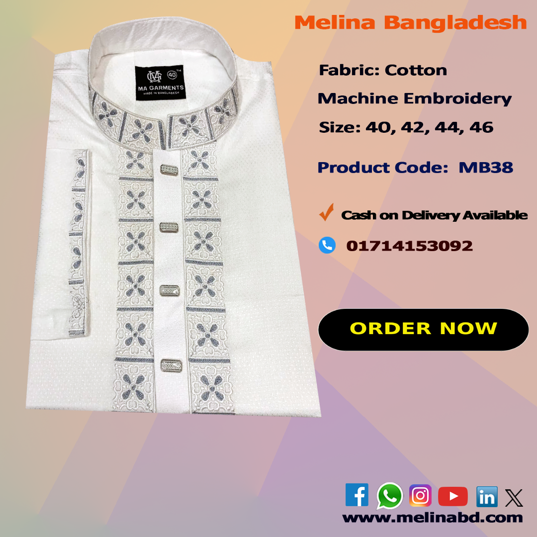 Melina Bangladesh Premium Embroidered Luxury Cotton Panjabi adorned with intricate embroidery and a pattern of elegant color and size designs.