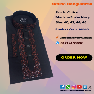 Melina Bangladesh Premium Embroidered Luxury Cotton Panjabi adorned with intricate embroidery and a pattern of elegant color and size designs.