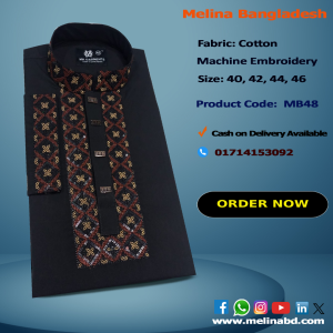 Melina Bangladesh Premium Embroidered Luxury Cotton Panjabi adorned with intricate embroidery and a pattern of elegant color and size designs.