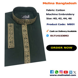 Melina Bangladesh Premium Embroidered Luxury Cotton Panjabi adorned with intricate embroidery and a pattern of elegant color and size designs.