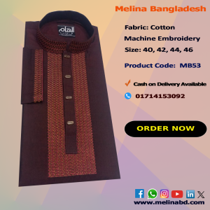 Melina Bangladesh Premium Embroidered Luxury Cotton Panjabi adorned with intricate embroidery and a pattern of elegant color and size designs.