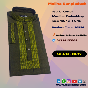 Melina Bangladesh Premium Embroidered Luxury Cotton Panjabi adorned with intricate embroidery and a pattern of elegant color and size designs.