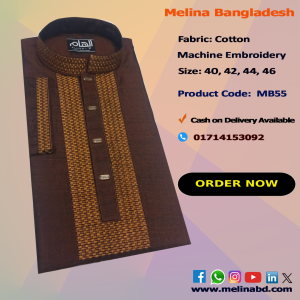 Melina Bangladesh Premium Embroidered Luxury Cotton Panjabi adorned with intricate embroidery and a pattern of elegant color and size designs.