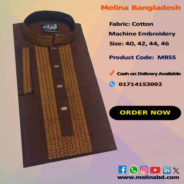 Melina Bangladesh Premium Embroidered Luxury Cotton Panjabi adorned with intricate embroidery and a pattern of elegant color and size designs.