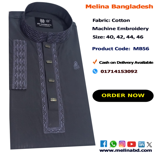 Melina Bangladesh Premium Embroidered Luxury Cotton Panjabi adorned with intricate embroidery and a pattern of elegant color and size designs.
