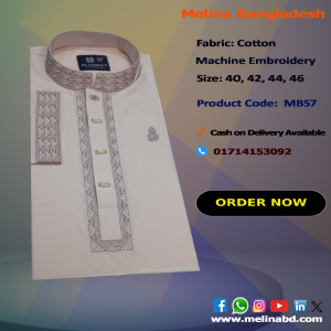 Melina Bangladesh Premium Embroidered Luxury Cotton Panjabi adorned with intricate embroidery and a pattern of elegant color and size designs.