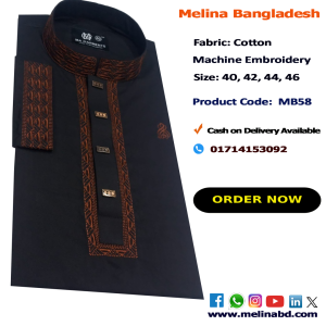 Melina Bangladesh Premium Embroidered Luxury Cotton Panjabi adorned with intricate embroidery and a pattern of elegant color and size designs.
