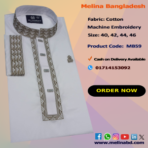 Melina Bangladesh Premium Embroidered Luxury Cotton Panjabi adorned with intricate embroidery and a pattern of elegant color and size designs.