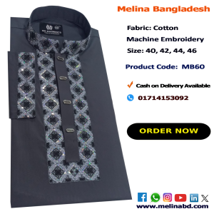 Melina Bangladesh Premium Embroidered Luxury Cotton Panjabi adorned with intricate embroidery and a pattern of elegant color and size designs.