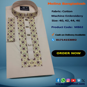 Melina Bangladesh Premium Embroidered Luxury Cotton Panjabi adorned with intricate embroidery and a pattern of elegant color and size designs.