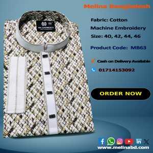 Melina Bangladesh Premium Embroidered Luxury Cotton Panjabi adorned with intricate embroidery and a pattern of elegant color and size designs.