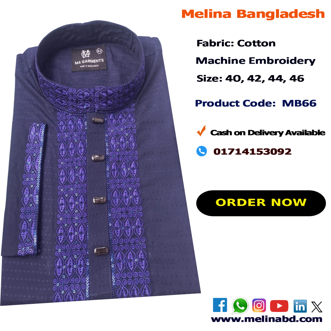 Melina Bangladesh Premium Embroidered Luxury Cotton Panjabi adorned with intricate embroidery and a pattern of elegant color and size designs.