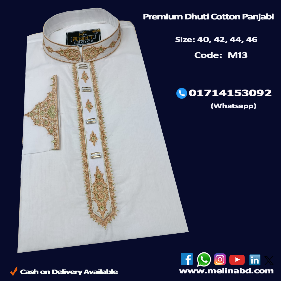 Melina Bangladesh Premium Embroidered Luxury Cotton Panjabi adorned with intricate embroidery and a pattern of elegant color and size designs.