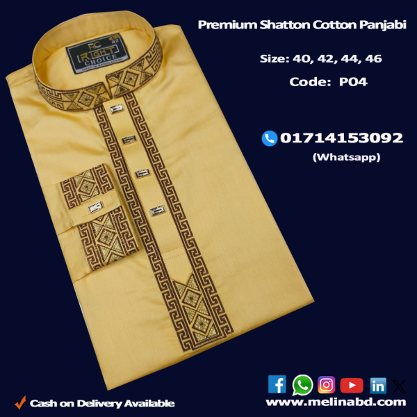 Melina Bangladesh Premium Embroidered Luxury Cotton Panjabi adorned with intricate embroidery and a pattern of elegant color and size designs.