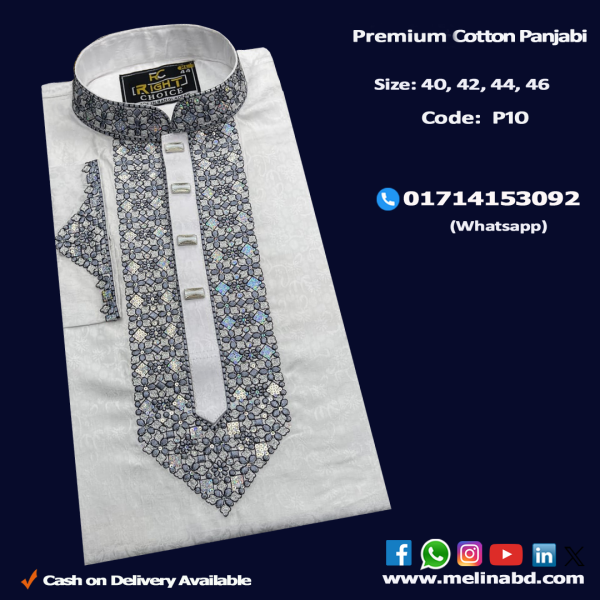 Melina Bangladesh Premium Embroidered Luxury Cotton Panjabi adorned with intricate embroidery and a pattern of elegant color and size designs.