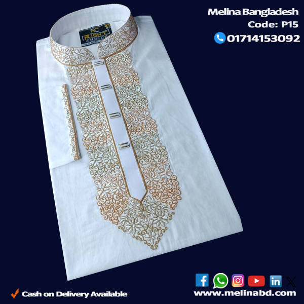 Melina Bangladesh Premium Embroidered Luxury Cotton Panjabi adorned with intricate embroidery and a pattern of elegant color and size designs.