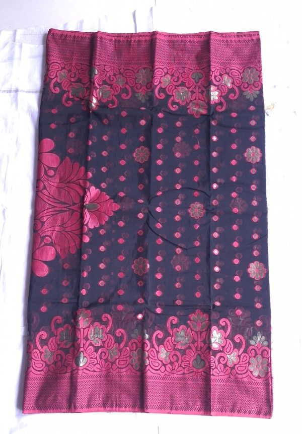 Melina Bangladesh Premium Embroidered Luxury Tangail Handloom Half Silk Saree in Black with Pink Design for Women’s