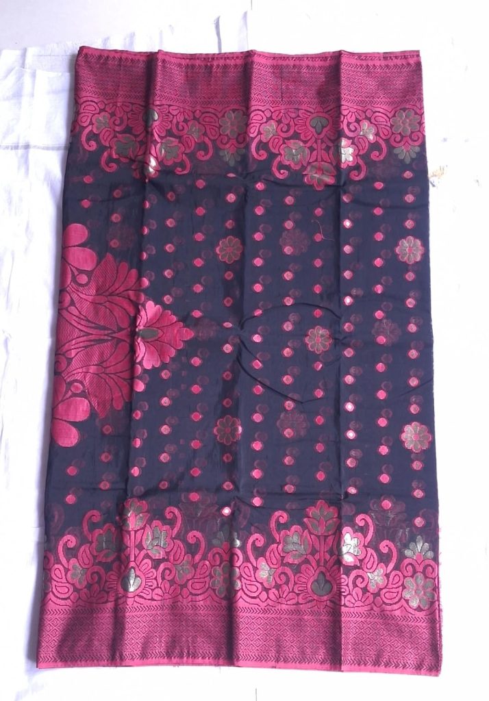 Melina Bangladesh Premium Embroidered Luxury Tangail Handloom Half Silk Saree in Black with Pink Design for Women’s