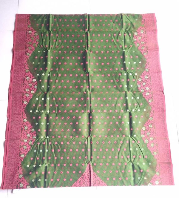 Melina Bangladesh Premium Embroidered Luxury Tangail Handloom Half Silk Saree in Olive Green with Pink Design for Women’s