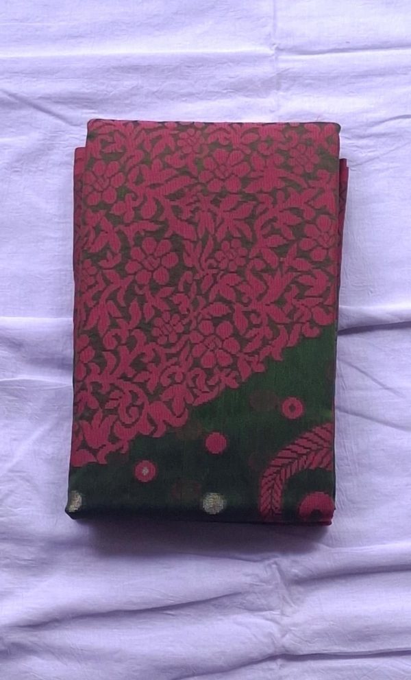 Melina Bangladesh Premium Embroidered Luxury Tangail Handloom Half Silk Saree in Olive Green with Pink Design for Women’s