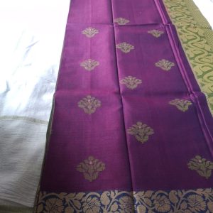 Melina Bangladesh Premium Embroidered Luxury Tangail Handloom Maslite Silk Saree with Magenta Body and Olive Green Aanchal for Women’s