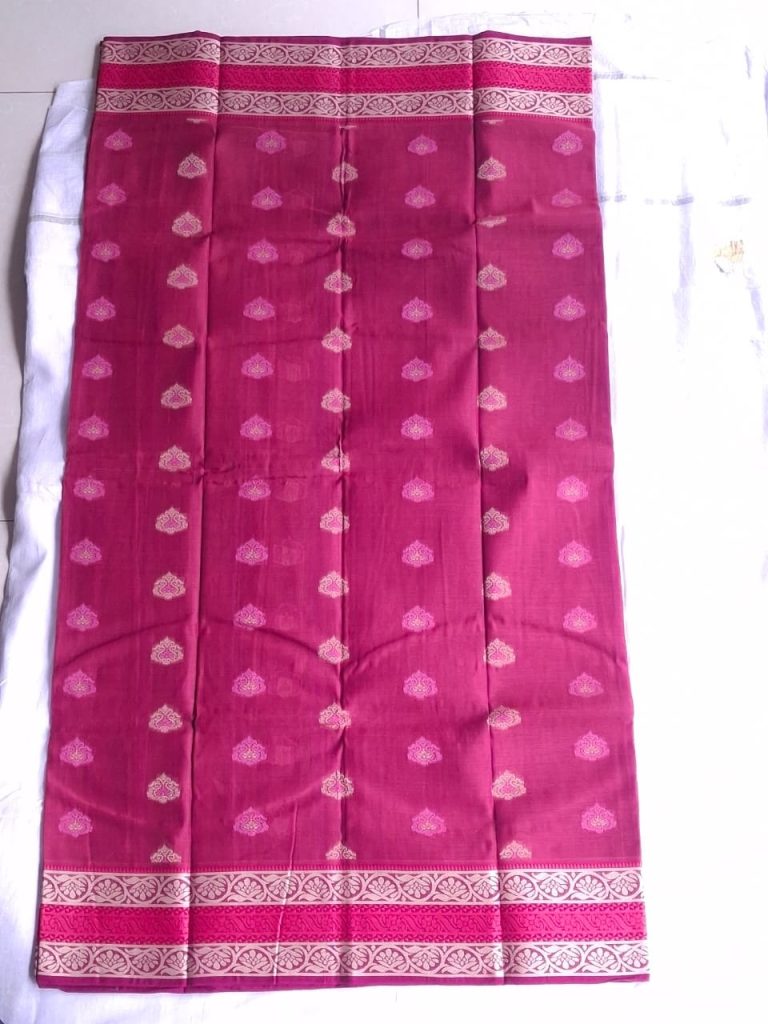 Melina Bangladesh Premium Embroidered Luxury Tangail Handloom Maslite Silk Saree in Elegant Rani Pink Design for Women’s