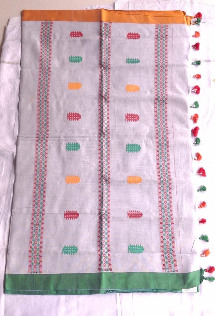 Melina Bangladesh Premium Embroidered Luxury Tangail Exquisite Thami Saree in White with Multicolor Accents Design for Women’s