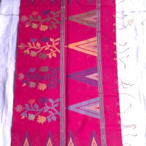 Melina Bangladesh Premium Embroidered Luxury Tangail Handloom Half Silk Saree in Deep Pink with Manipuri Motif Design for Women’s