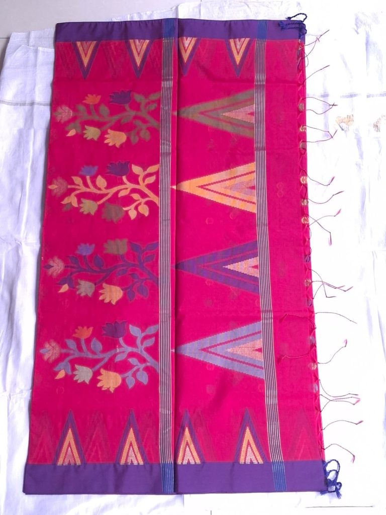 Melina Bangladesh Premium Embroidered Luxury Tangail Handloom Half Silk Saree in Deep Pink with Manipuri Motif Design for Women’s