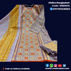 This Mixed Cotton kameez adorned with intricate printed and hand embroidery in shades of blue, orange, brown, yellow and gold. The package is paired with an Orange muslin silk Salwar and a matching printed muslin silk Dupatta.