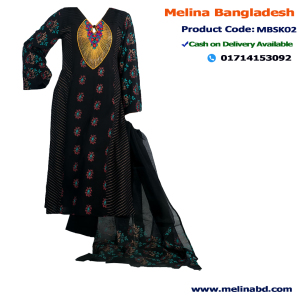 This Mixed Cotton kameez adorned with intricate printed and hand embroidery in shades of blue, orange, brown, yellow and gold. The package is paired with an Orange muslin silk Salwar and a matching printed muslin silk Dupatta.